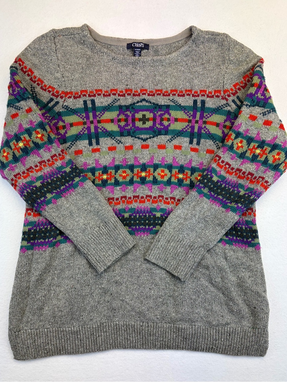 Chaps Women’s 1X Gray Multicolor Fair Isle Aztec Cotton Blend Sweater Color